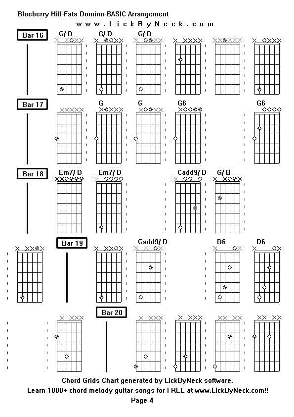 Chord Grids Chart of chord melody fingerstyle guitar song-Blueberry Hill-Fats Domino-BASIC Arrangement,generated by LickByNeck software.